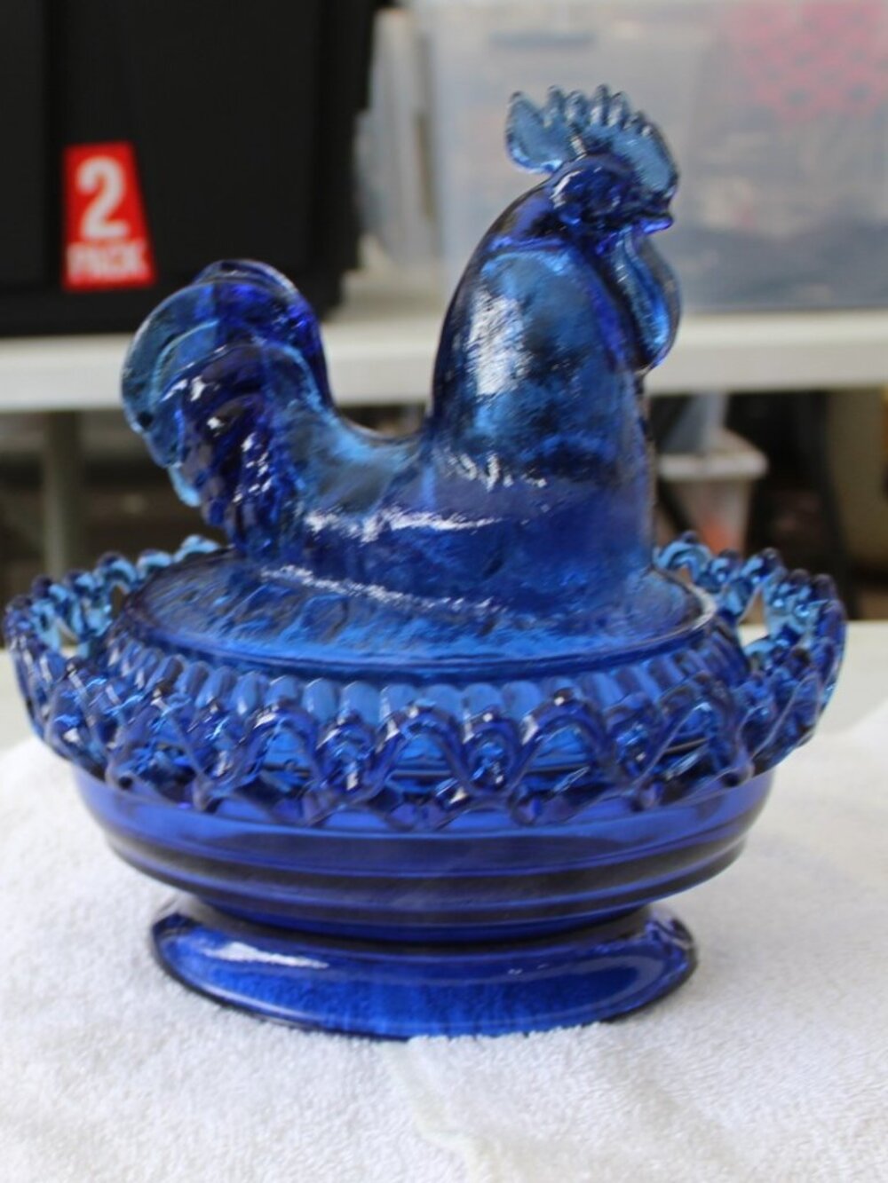 Imperial Glass Rooster Nesting covered candy dish Cobalt Blue STUNNING!